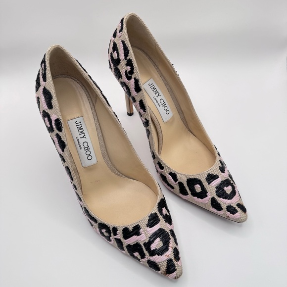 Jimmy Choo Woven Raffia Leopard Pink Black Natural Motif Romy Pumps Heels - Picture 2 of 12